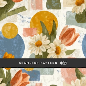 Motif floral rétro sans couture, tulipes et marguerites, papier numérique, fleurs de Style années 70, art de la surface vintage, fond répété