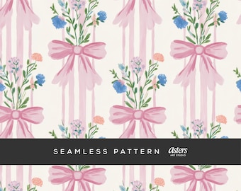Grandmillennial Watercolor Seamless Pattern, Pink Bow Floral Stripe Digital Paper, Cottagecore Pastel Wrapping Paper Vintage Shabby Chic PNG