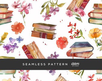 Books Seamless Pattern Book Flowers Digital Paper Book Lover Book Digital Paper Book Floral Seamless Pattern Library Background Book Pattern