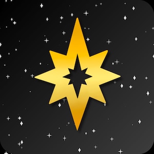 Puede incluir: Una estrella dorada de ocho puntas, sobre un fondo negro con estrellas blancas dispersas a su alrededor.