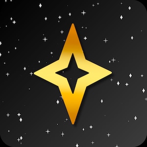 May include: A gold star with a black background. The star is a simple design with four points and a smaller star in the center.
