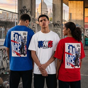 May include: Three people wearing t-shirts with "FRANCE" and a graphic design. The shirts are blue, white, and red, with the word "FRANCE" in a stylized font. The background includes graffiti and a building.