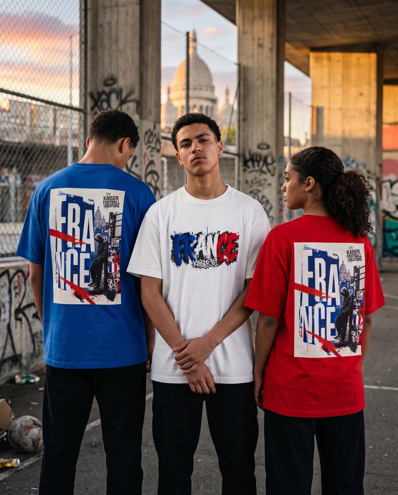 May include: Three people wearing t-shirts with "FRANCE" and a graphic design. The shirts are blue, white, and red, with the word "FRANCE" in a stylized font. The background includes graffiti and a building.