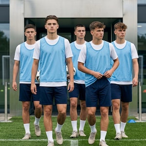 Puede incluir: Cinco personas visten camisetas blancas, petos de entrenamiento de malla azul claro, pantalones cortos deportivos azul marino, calcetines blancos y zapatillas de deporte claras. Están sobre un campo de césped artificial verde.
