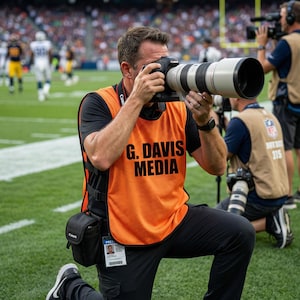 Könnte beinhalten: Ein Fotograf trägt eine leuchtend orangefarbene Netz-Weste mit dem schwarzen Text G. DAVIS MEDIA auf der Vorderseite. Die Weste wird über einem schwarzen Hemd und einer schwarzen Hose getragen. Eine schwarze Kamera mit einem großen weißen Teleobjektiv.