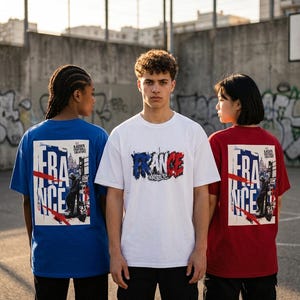 May include: Three people wearing t-shirts with "FRANCE" printed on them. The shirts are blue, white, and red, with the word "FRANCE" in the colors of the French flag. The shirts have a graphic design on the front and back.