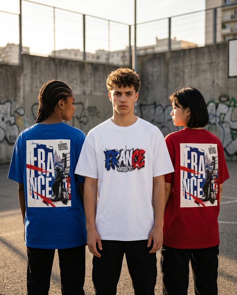 May include: Three people wearing t-shirts with "FRANCE" printed on them. The shirts are blue, white, and red, with the word "FRANCE" in the colors of the French flag. The shirts have a graphic design on the front and back.