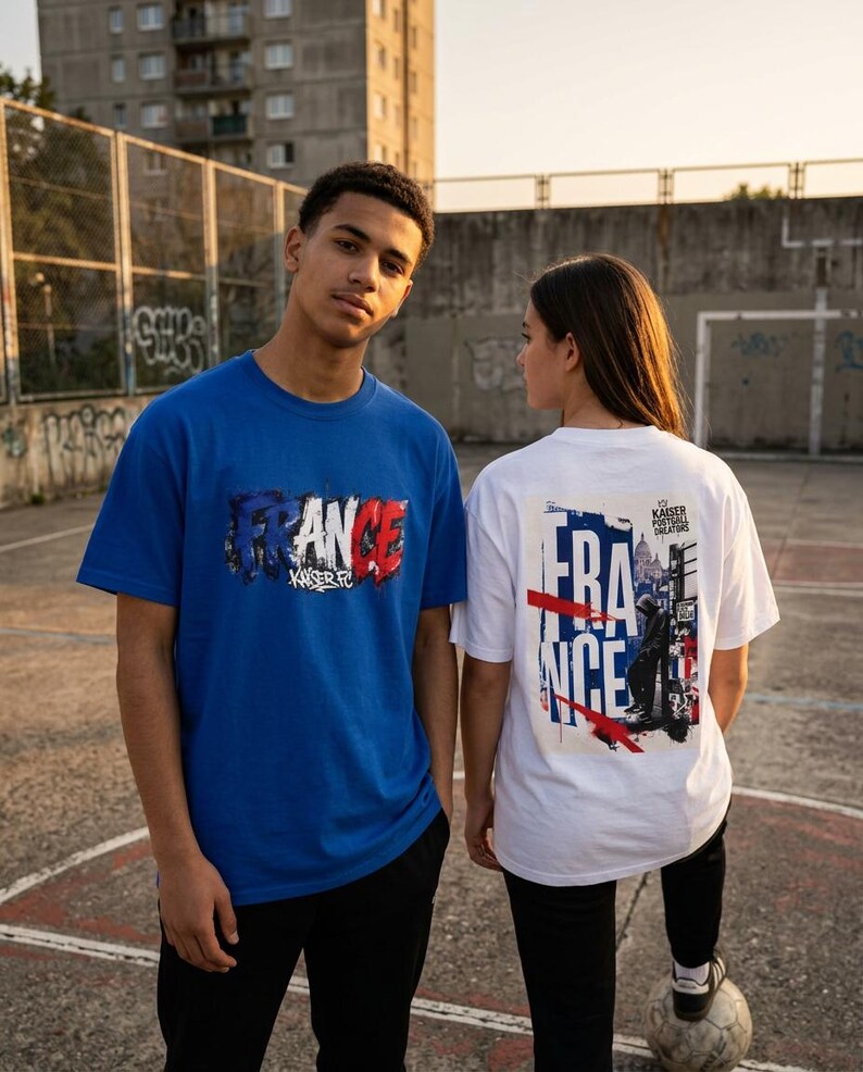May include: Two people wearing t-shirts with "FRANCE" printed on them. One shirt is blue with the word in red, white, and blue. The other shirt is white with a similar design on the back. The shirts have the text "KAISER FC" on them.