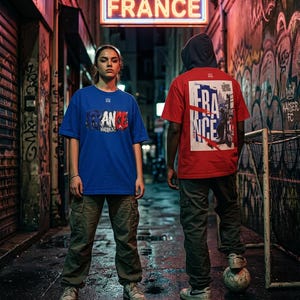 May include: Two people wearing blue and red t-shirts with "FRANCE" graphics stand in an alleyway under a neon sign. The blue shirt has a front graphic, while the red shirt has a back graphic. Both wear green cargo pants and sneakers. A soccer ball rests on the ground.