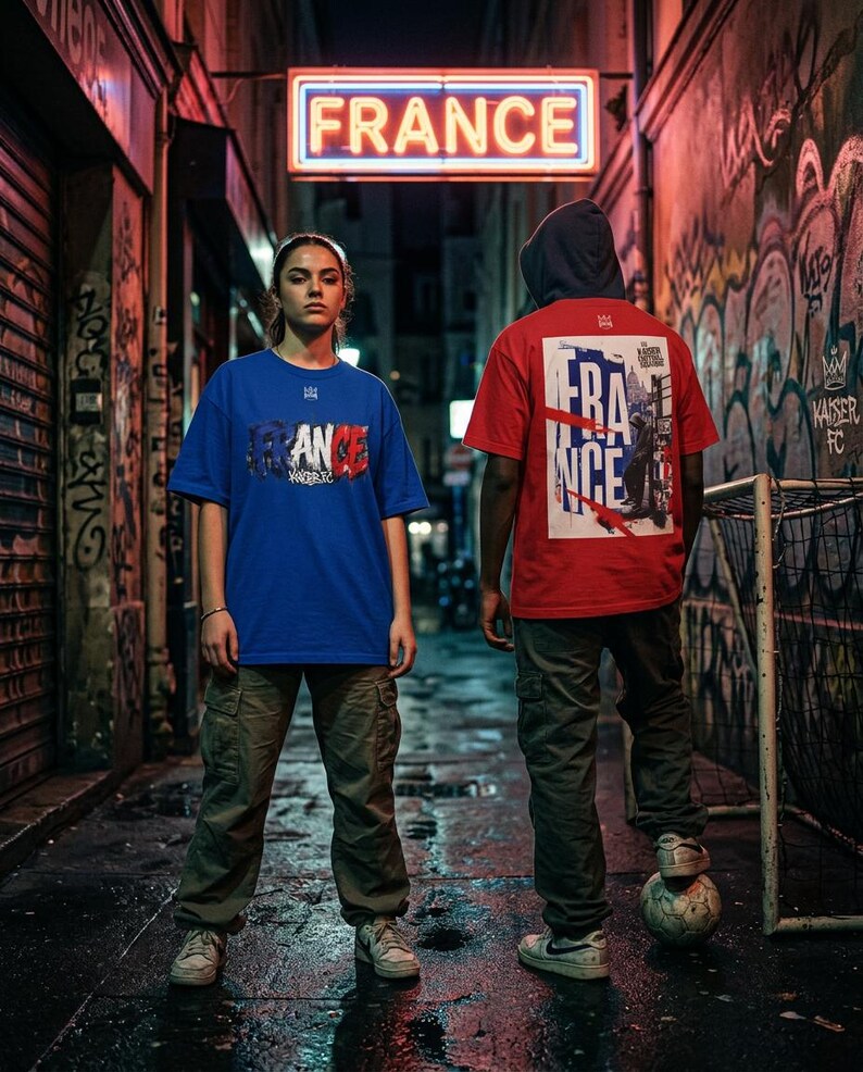 May include: Two people wearing blue and red t-shirts with "FRANCE" graphics stand in an alleyway under a neon sign. The blue shirt has a front graphic, while the red shirt has a back graphic. Both wear green cargo pants and sneakers. A soccer ball rests on the ground.