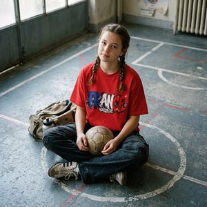 May include: A young person sits cross-legged on a blue floor, holding a vintage soccer ball. They wear a red t-shirt with a French flag design and the word "FRANCE". Dark jeans, sneakers, and a duffel bag complete the casual look.