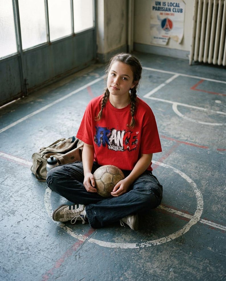 May include: A young person sits cross-legged on a blue floor, holding a vintage soccer ball. They wear a red t-shirt with a French flag design and the word "FRANCE". Dark jeans, sneakers, and a duffel bag complete the casual look.