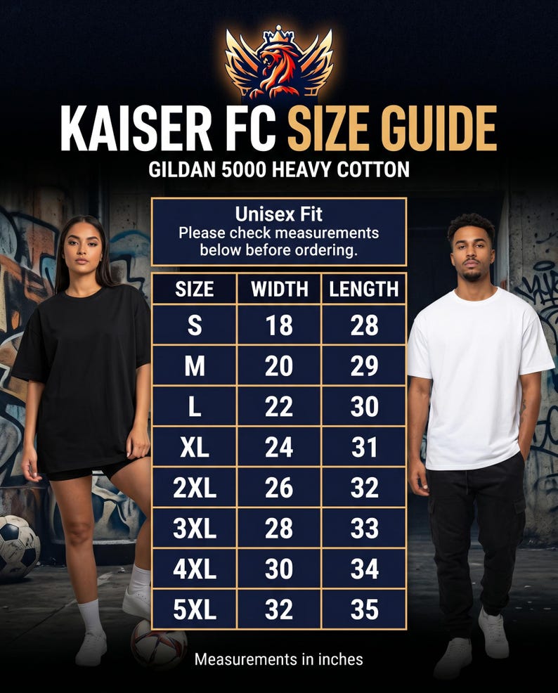 May include: Size guide for Kaiser FC Gildan 5000 Heavy Cotton unisex t-shirts. The chart shows sizes S to 5XL with width and length measurements in inches. A woman in a black t-shirt and a man in a white t-shirt are shown.