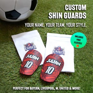 Personalized red shin guards with name & number – incl. sleeves – Ideal for Bayern, Liverpool, Man U fans