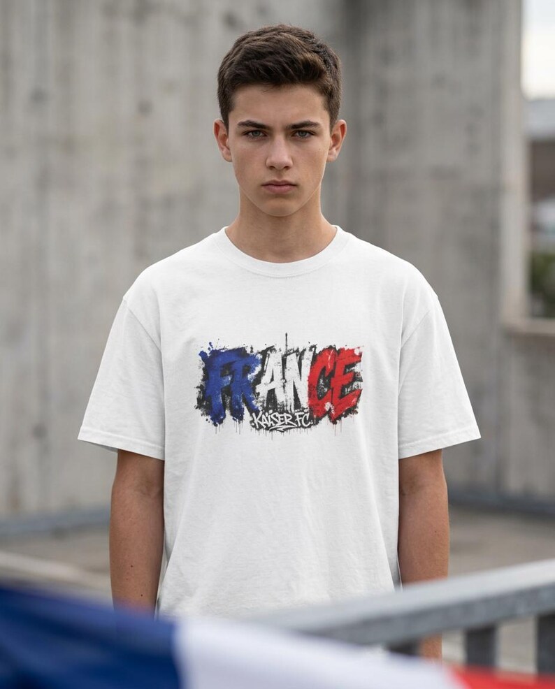 May include: White t-shirt with the word "FRANCE" in blue and red, with "Kaiser FC" below. The design has a distressed, paint-splatter effect. The shirt is worn by a person in front of a concrete background.