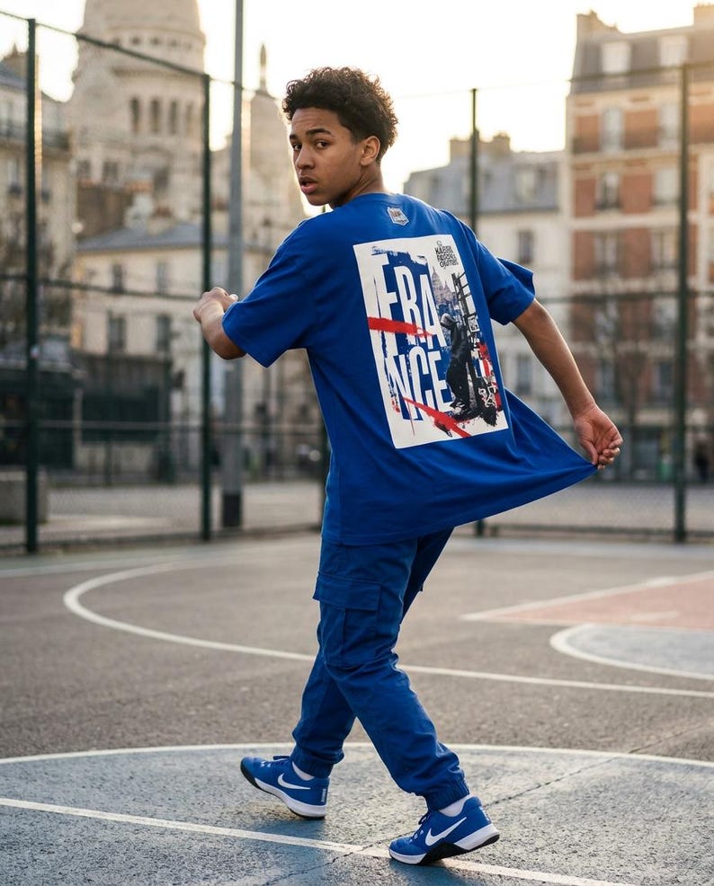 May include: A person wearing a blue t-shirt and matching pants. The t-shirt features a graphic with the word "FRANCE" and an image. The person is also wearing blue sneakers with white accents.