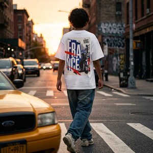 May include: A person walking across a crosswalk in a city street, wearing a white t-shirt with a graphic design that says "FRANCE" in blue and red. The person is wearing blue jeans and white sneakers. A yellow taxi cab is in the foreground.