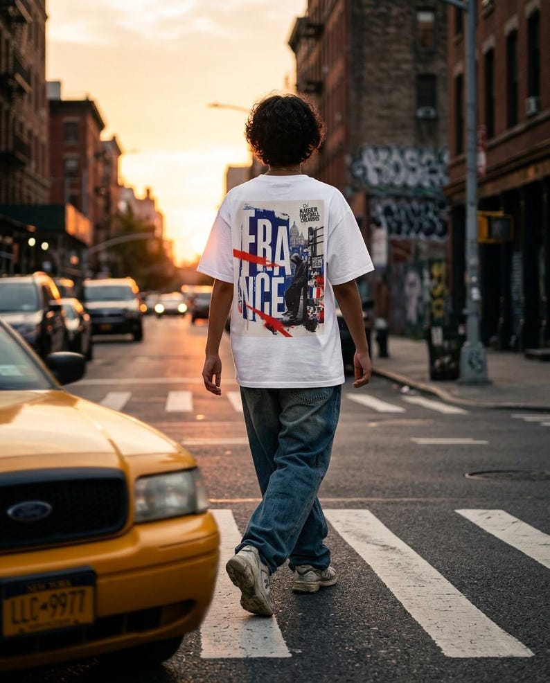 May include: A person walking across a crosswalk in a city street, wearing a white t-shirt with a graphic design that says "FRANCE" in blue and red. The person is wearing blue jeans and white sneakers. A yellow taxi cab is in the foreground.
