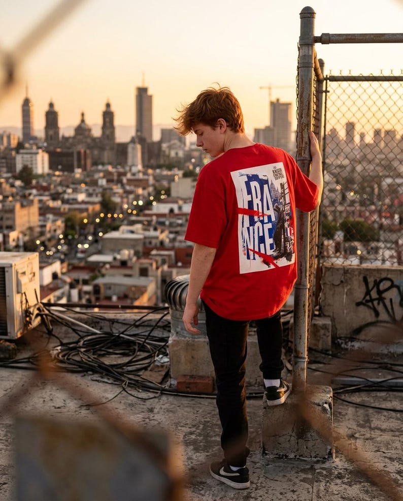 May include: A red t-shirt with a graphic on the back featuring the word "FRANCE" in white and blue, with a cityscape illustration. The person is wearing black pants and sneakers, standing on a rooftop with a city skyline in the background.