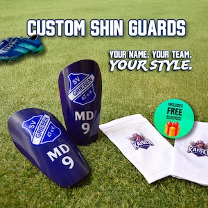 Shin guards personalized with name / number – incl. sleeves and gift – football protection for children & adults