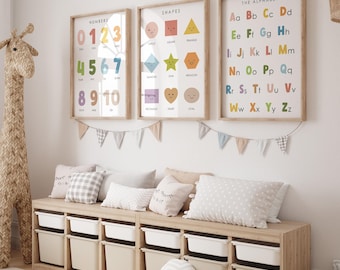 Educational Nursery Prints Set of 3, ABC Alphabet Poster, Montessori Playroom Decor for Kids