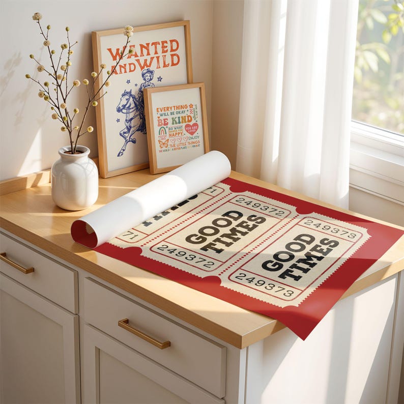 Red Good Times Ticket Poster, Trendy Wall Art Prints, Vintage Typography Retro Home Decor