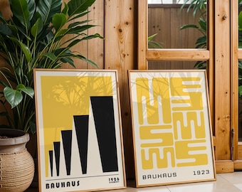 Yellow Wall Art Print Set of 2, Abstract Bauhaus Poster, Geometric Minimal Home Decor