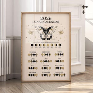 Lunar Calendar 2026, Moon Phases Printable, Mystical Astrology Print, Spiritual Witchy Decor, Digital Download