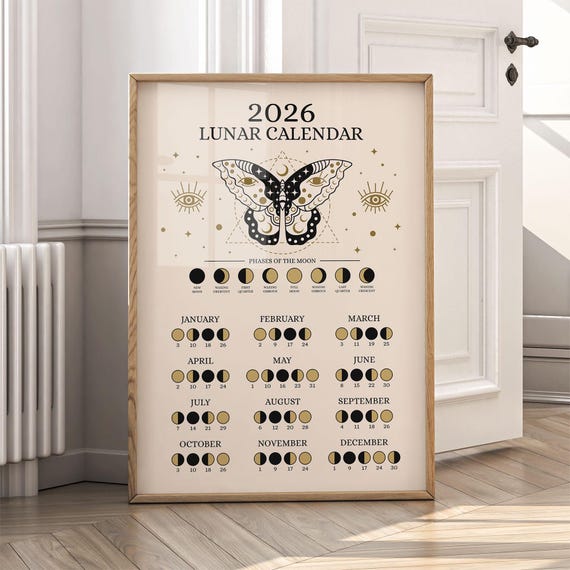 Lunar Calendar 2026, Moon Phases Printable, Mystical Astrology