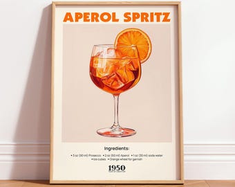 Plakat z koktajlem Aperol Spritz w stylu retro, z przepisem na wózek barowy