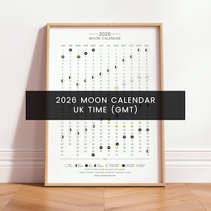 Calendario lunar 2026 Reino Unido, póster astrológico imprimible, lámina de fases lunares, arte mural de brujas