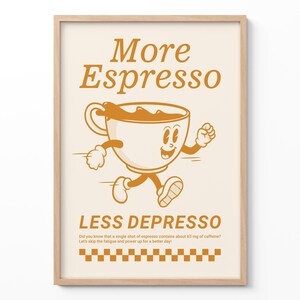 Stampa More Espresso Less Depresso, Stampa Funky Kitchen, Stampa artistica del caffè, Stampa retrò, Poster stampato, Colori vintage, Arte incorniciata