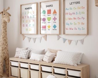 Preschool Wall Art Set of 3 Prints, Alphabet, Numbers & Shapes Educational Posters, Montessori Learning