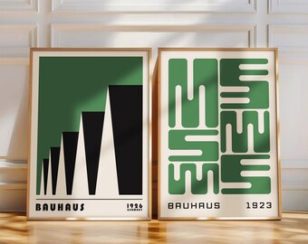 Green Bauhaus Poster Set of 2, Abstract Geometric Print, Mid Century Modern Wall Art