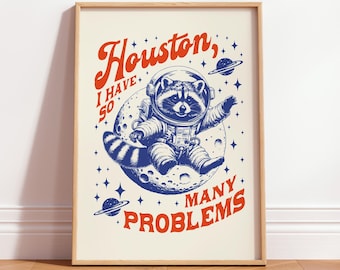 Raccoon Wall Art, Quirky Animal Gift, Astronaut Poster, Mid Century Print, Retro Space Decor