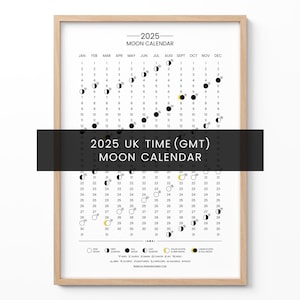 Calendário Lunar 2025 do Reino Unido, Calendário Lunar 2025, Pôster das Fases da Lua, Calendário da Lua Cheia, Arte de Parede Astrológica, Presente de Calendário Lunar do Reino Unido