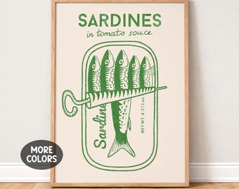 Retro Sardine Tin Art Print, Vintage Hand Drawn Fish Poster, Kitchen Decor