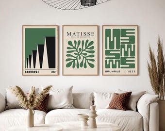 Zestaw 3 zielonych grafik ściennych, Bauhaus, Matisse, plakat w stylu Mid Century Modern