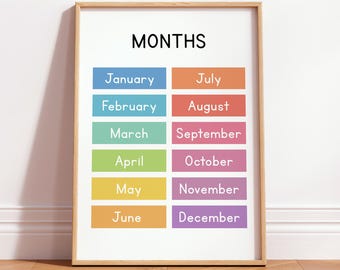 Months of the Year Educational Poster, Montessori Classroom Print, Kids Learning Art, Nursery Decor