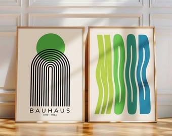 Green Poster Set of 2, Bauhaus Abstract Wall Art, Modern Typography Mood Print Decor