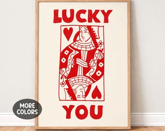 Queen of Hearts Playing Card Poster, Preppy Wall Art, Funky Retro Print
