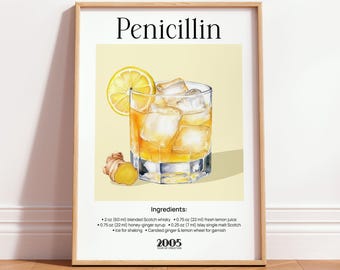 Penicillin Cocktail Art Print, Mixology Recipe Poster for Kitchen & Home Bar Decor