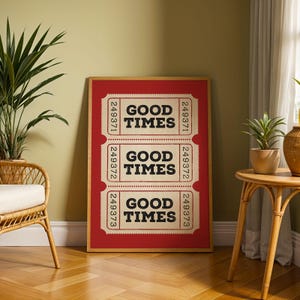 Red Good Times Ticket Poster, Trendy Wall Art Prints, Vintage Typography Retro Home Decor