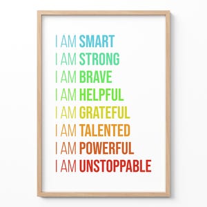 Poster da parete con affermazioni per bambini, "Sono intelligente, coraggioso e forte", stampa con citazione positiva per la sala giochi, decorazione per l'aula, regalo motivazionale arcobaleno
