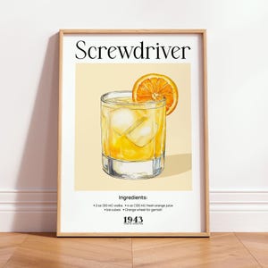 Screwdriver Cocktail Poster, Vintage Bar Cart Print, Retro Kitchen Alcohol Wall Art