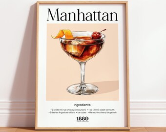 Manhattan Cocktail Print, Vintage Drinks Poster, Home Bar Cart Wall Art