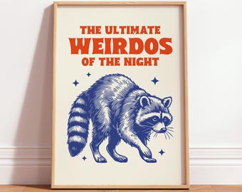 Stampa di procione meme, poster di animali retrò, regalo decorativo con citazione umoristica, stampabile con panda spazzatura