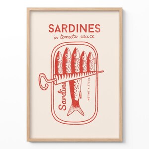 Poster di cucina con sardine, arte murale retrò con cibo, stampa vintage di una lattina di sardine, arredamento di metà secolo, arte di pesce originale, regalo culinario, cartello da parete per bar