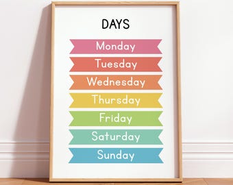 Days of the Week Educational Poster, Toddler Playroom Learning Print, Homeschool Montessori Classroom Decor