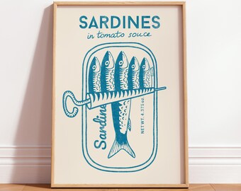 Sardine Art Print, Printable Food Poster, Retro Kitchen Wall Decor, Hand Painted Coastal Illustration